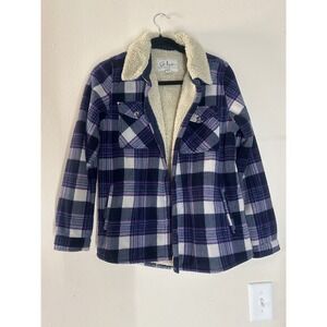 Soho Threads Womens Fleece Lined Plaid Jacket Purple Navy Blue Shacket Medium